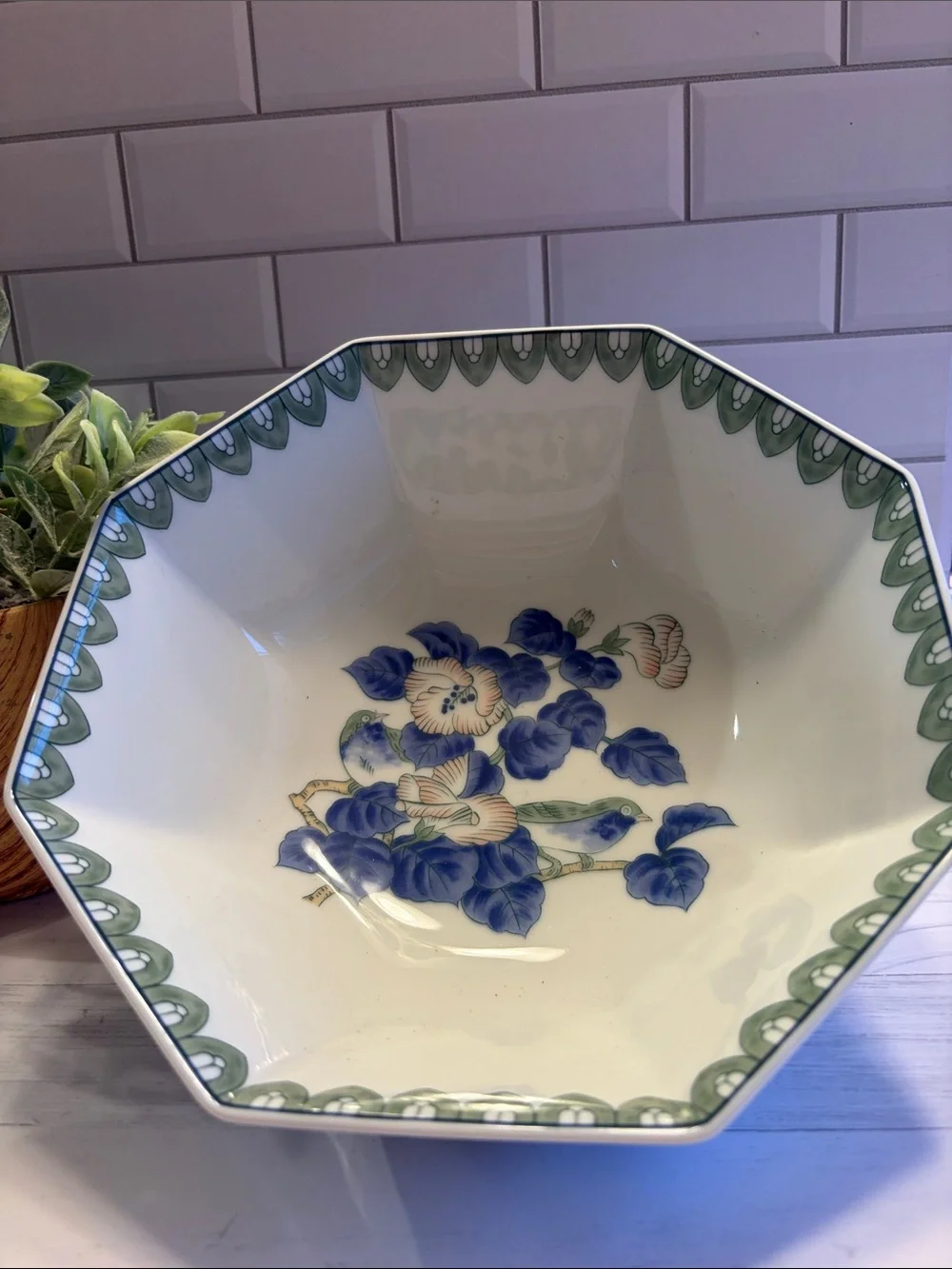 Octagonal Floral Porcelain Serving Bowl - Blue & Green